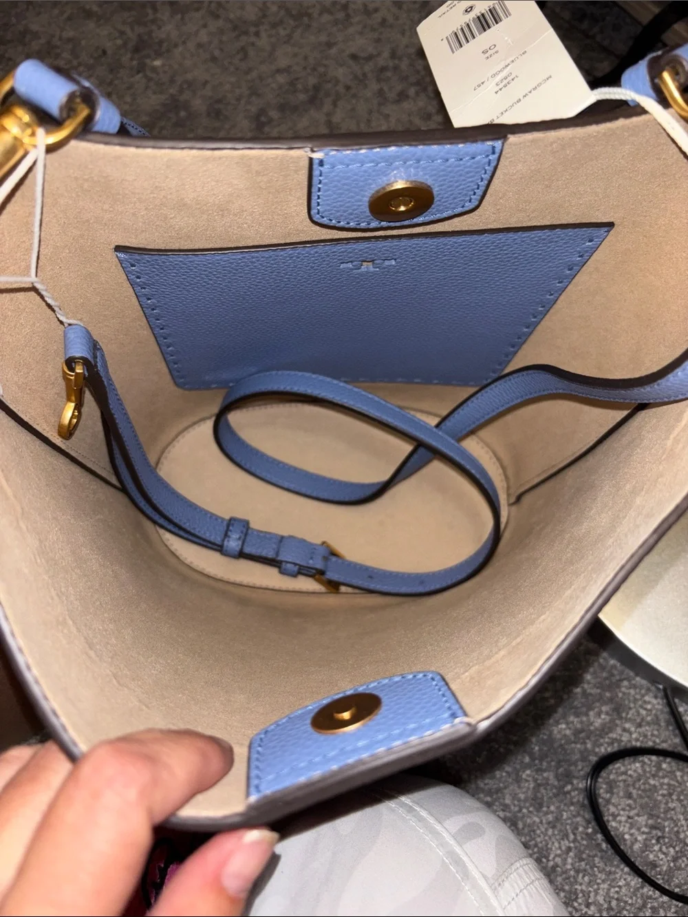 Tory Burch Periwinkle Blue Leather Bucket Shoulder Bag with Gold Hardware